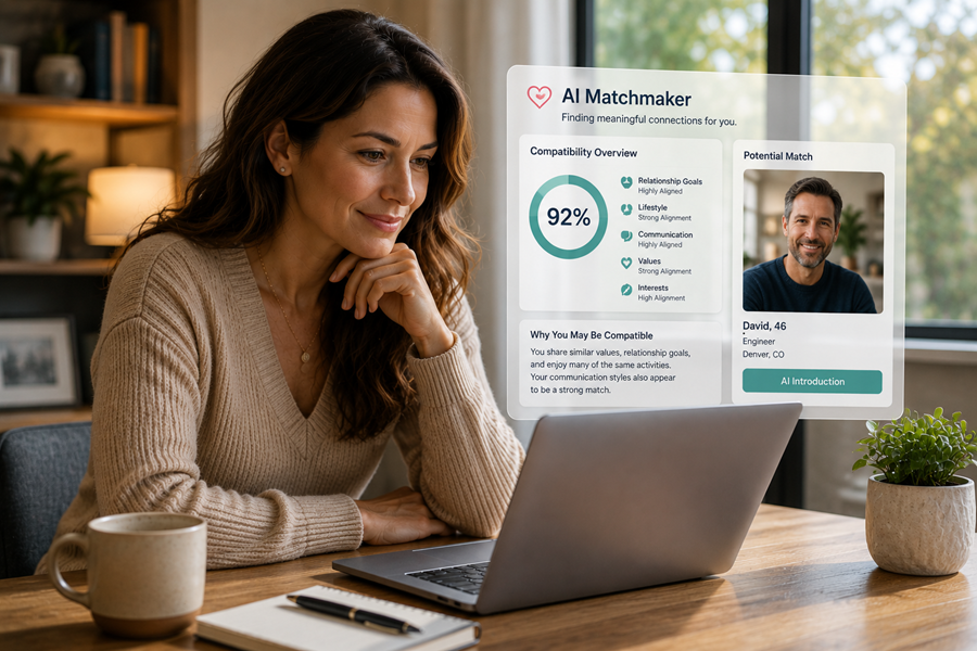 Single person thoughtfully reviewing an AI-assisted matchmaking introduction