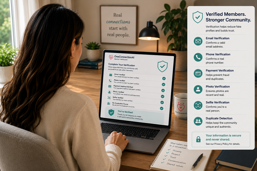Verified OneConnectionAI member completing identity and profile verification